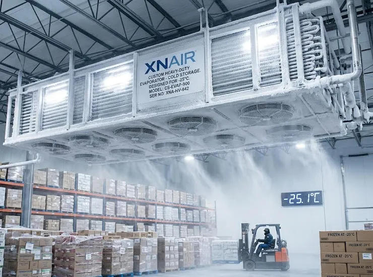 XNAIR custom refrigeration evaporator installed inside a large cold storage warehouse at -25°C — unit operating under heavy frost conditions with consistent airflow distribution