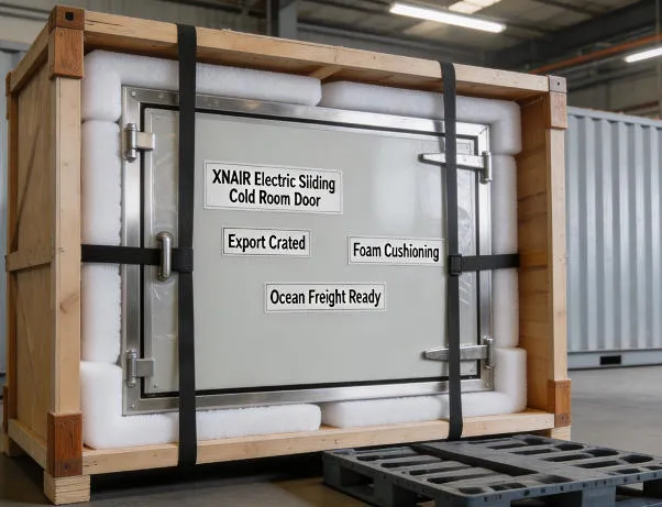 XNAIR electric sliding cold room door secured in a reinforced plywood crate with foam cushioning for ocean freight container shipment