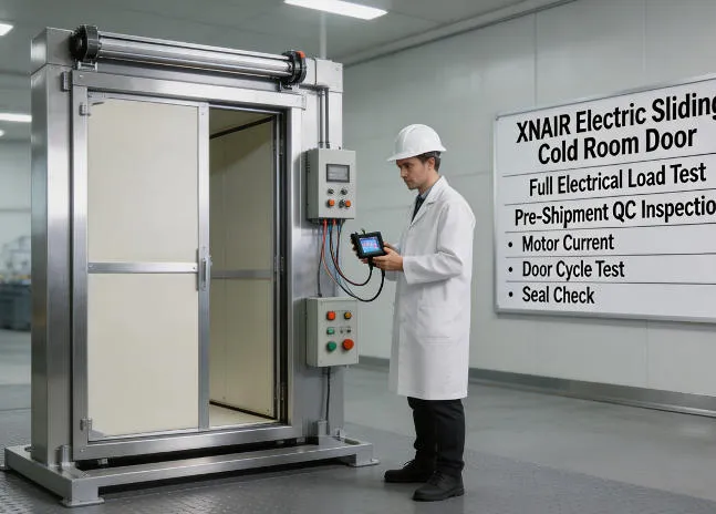 Factory quality control technician testing an XNAIR electric sliding cold room door under full electrical load on the production line before shipment
