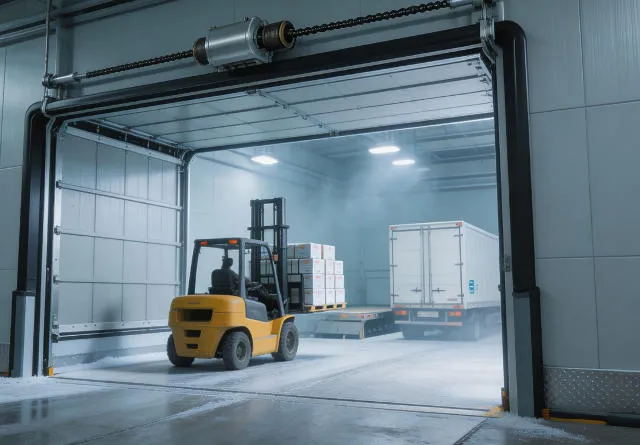 Xnair vertical lifting door in active operation at a -25 degree C frozen food distribution center, forklift passing through the wide opening while the insulated door panel remains in fully raised position, maintaining cold chain integrity