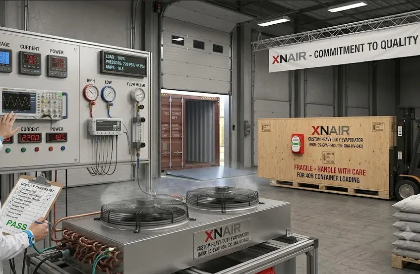 XNAIR factory quality control station — technician conducting full-load run test on assembled evaporator, pressure gauge and electrical testing equipment visible, quality checklist on clipboard