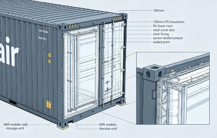 cutaway diagram showing 100mm PU panel cross-section and corner reinforcement