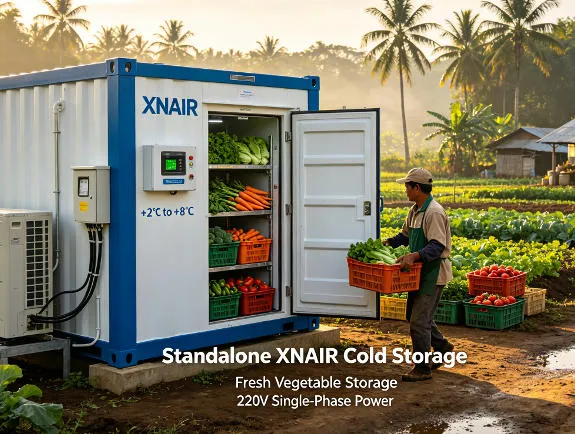 Standalone XNAIR plug-and-play cold storage installed at a rural farm in Southeast Asia for fresh vegetable storage, operating on 220V single-phase power