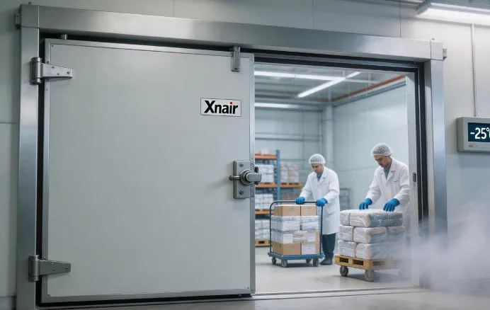 Xnair swing cold room door installed at a food processing plant cold storage facility with workers transporting packaged frozen goods through the insulated doorway