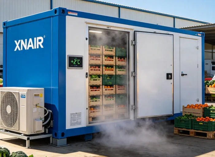 XNAIR plug-and-play cold storage unit operating at a fruit and vegetable packing facility under direct sunlight, maintaining +2°C for fresh produce post-harvest cold chain