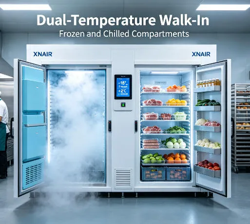 XNAIR plug-and-play cold storage serving a hotel kitchen, configured as a dual-temperature walk-in with frozen and chilled compartments