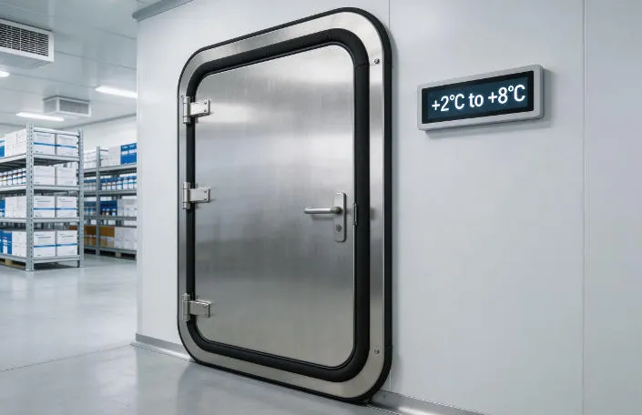 Xnair insulated swing door in a GMP-compliant pharmaceutical cold chain logistics center with temperature monitoring display