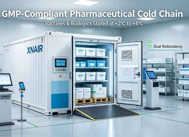 XNAIR cold storage unit inside a GMP-compliant pharmaceutical logistics center, storing temperature-sensitive vaccines and biologics at +2°C to +8°C with dual redundancy