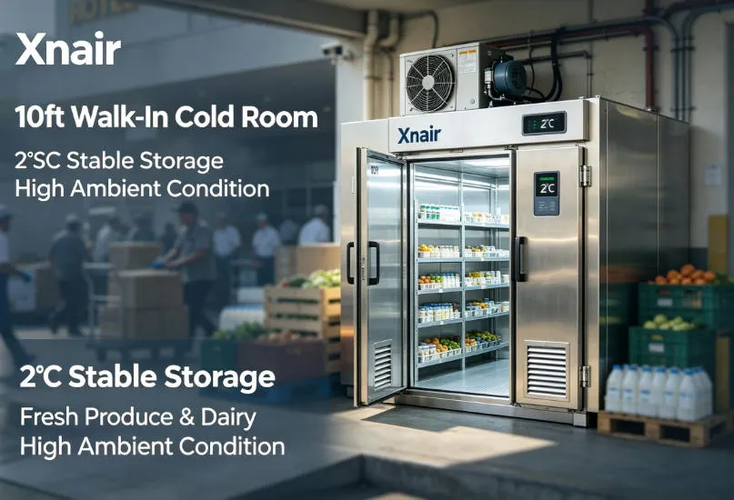 Xnair 10ft walk-in chiller positioned behind a busy hotel kitchen loading dock, storing fresh produce and dairy at 2°C under high ambient temperature conditions