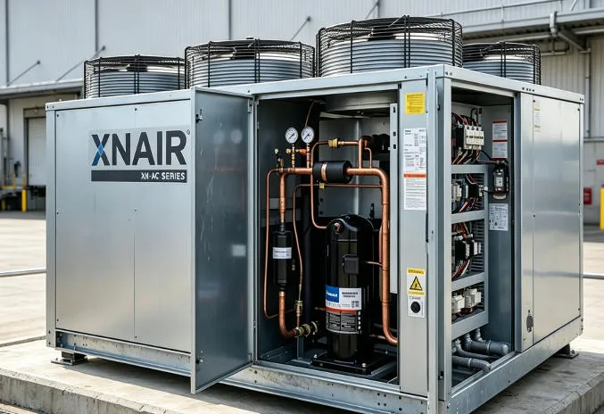 xnair air-cooled condensing unit installed at a cold storage warehouse facility maintaining -18°C for frozen food distribution, outdoor concrete pad mounting