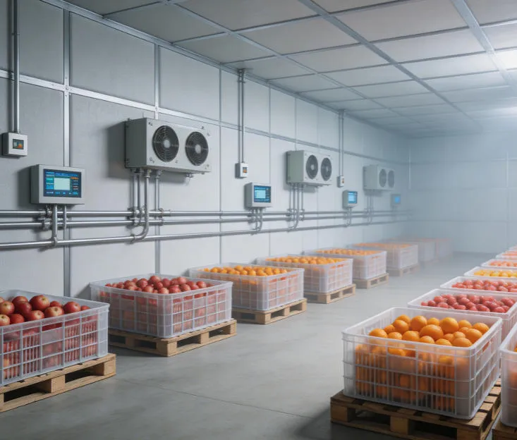 xnair XPS cold room panels in an agricultural produce cold storage facility for long-term apple and citrus fruit preservation with controlled atmosphere technology