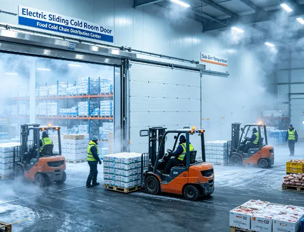 XNAIR electric sliding cold room door operating in a busy food cold chain distribution center with forklift traffic at sub-zero temperatures
