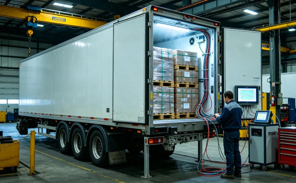 Factory quality control — xnair technician conducting 100% full-load pull-down test on a trailer-mounted cold room before shipment with digital data logger recording