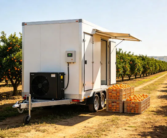 Trailer-mounted cold storage room operating at a citrus farm during summer harvest under direct sunlight — xnair mobile cold chain for agriculture