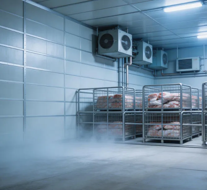 xnair XPS cold room panels installed in a commercial food processing cold storage facility operating at -18 degrees Celsius for frozen meat preservation