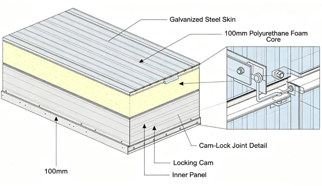 Cross-section engineering diagram of xnair trailer cold room wall showing 100mm polyurethane foam core between galvanized steel skins with cam-lock joint detail