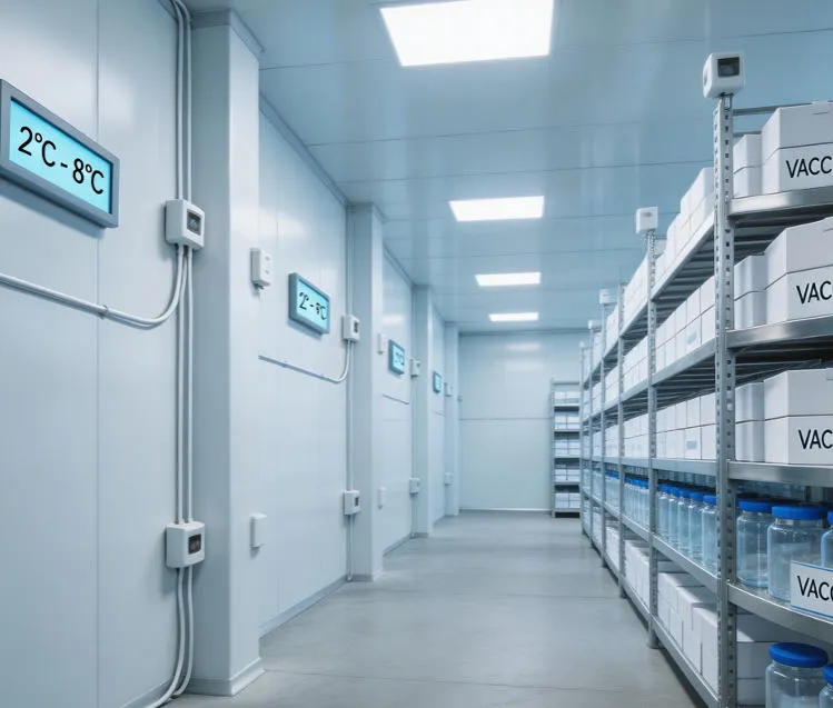 xnair XPS cold room panels used in a GMP-compliant pharmaceutical cold storage warehouse with temperature mapping sensors for vaccine and biologic storage at 2 to 8 degrees Celsius