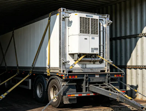 Heavy-duty trailer-mounted cold storage unit secured with twist locks and strapping inside a 40ft shipping container for international ocean freight export