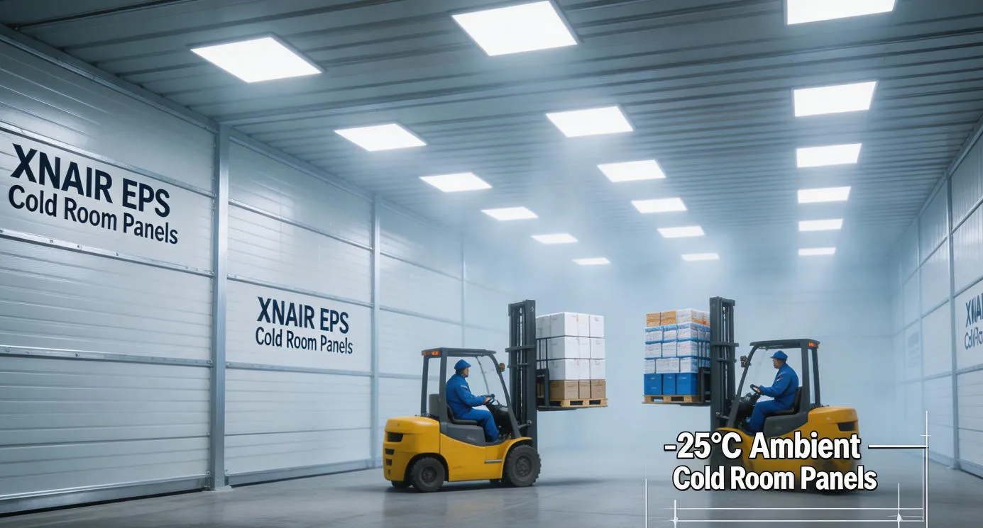 XNAIR EPS cold room panels installed in a large-scale food processing cold storage facility with forklift operators moving palletized frozen goods under LED lighting at -25°C ambient