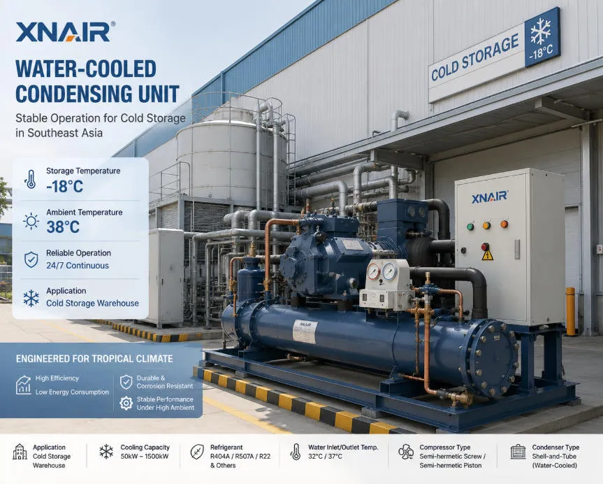 XNAIR water-cooled condensing unit operating beside a large cold storage warehouse in Southeast Asia, maintaining stable -18°C storage temperature under 38°C ambient conditions