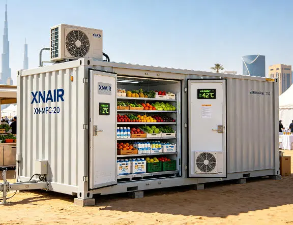 XNAIR mobile food cold storage deployed at outdoor catering event under direct sunlight maintaining 2°C internal temperature for fresh produce and dairy