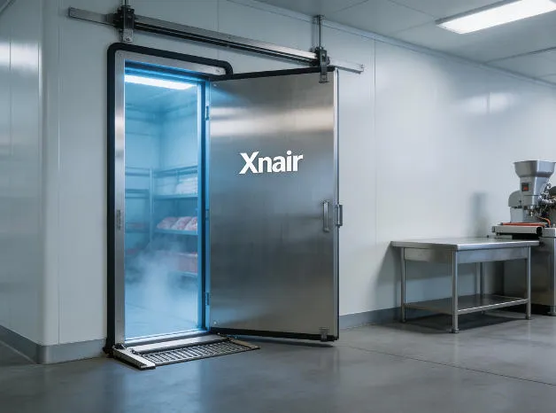 Sliding cold storage door installed in a food processing cold room facility – Xnair industrial refrigeration door in daily operation at a meat processing plant