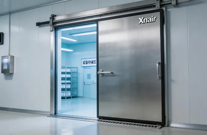 Xnair sliding cold storage door in a GMP-compliant pharmaceutical cold room – temperature-controlled logistics for vaccine and biotech storage