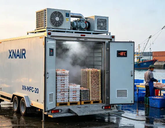 XNAIR mobile cold storage at fishing dock holding fresh catch at -18°C for seafood export cold chain compliance