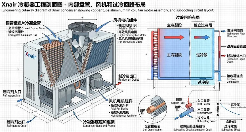 Engineering cutaway diagram of Xnair condenser showing copper tube aluminum fin coil, fan motor assembly, and subcooling circuit layout