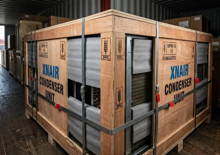 Xnair condenser unit packed in fumigated plywood crate with foam cushioning and steel banding inside shipping container for sea freight