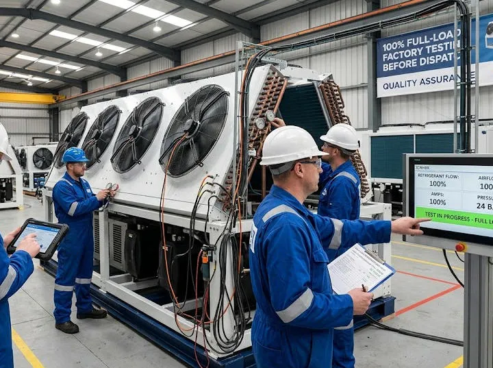 Factory quality control team performing full-load performance test on Xnair condenser unit before shipment