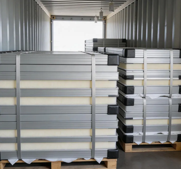 xnair XPS cold room panels packed in a 40-foot high-cube shipping container with edge protectors, desiccant packs, and steel strapping for secure ocean freight transport