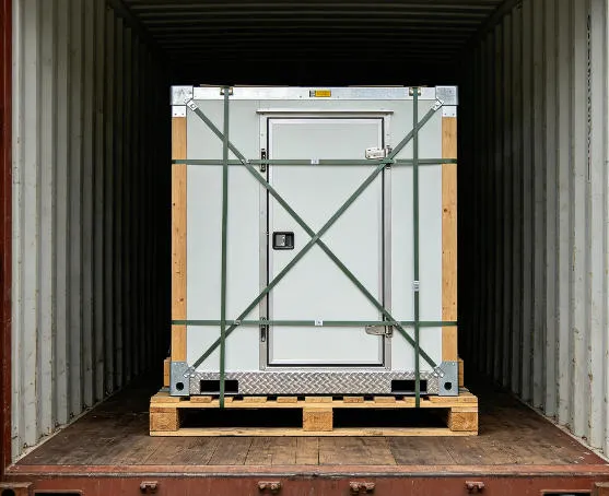 Xnair 10ft walk-in chiller panels securely strapped and palletized inside a 20ft shipping container with reinforced corner protectors for ocean freight to overseas buyers