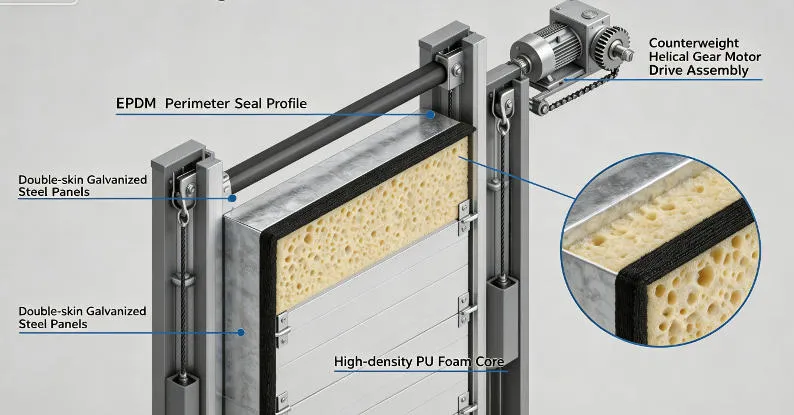 Cutaway engineering diagram of Xnair vertical lifting door revealing internal structure: double-skin galvanized steel panels with high-density PU foam core, EPDM perimeter seal profile, counterweight guide rail system, and helical gear motor drive assembly
