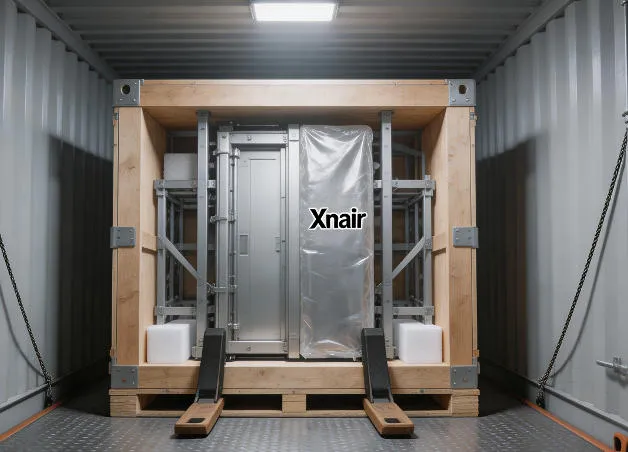 Xnair vertical lifting door fully crated inside a 40-foot shipping container, heavy-duty plywood case with internal steel bracing and vibration-dampening foam blocks, VCI anti-corrosion film visible, forklift channels underneath the crate