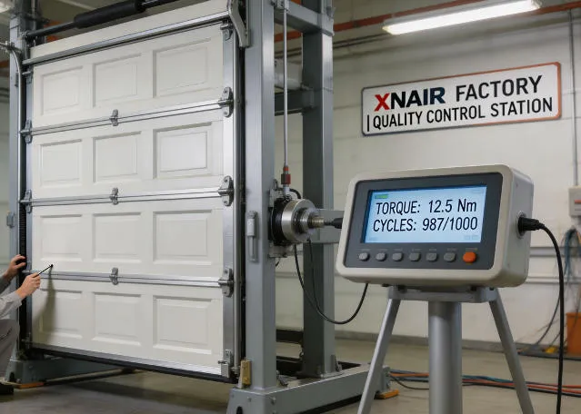 Xnair factory quality control station: a completed vertical lifting door undergoing 100% cycle testing on the test rig, technician measuring seal compression with a feeler gauge, digital torque meter connected to the motor drive for performance verification