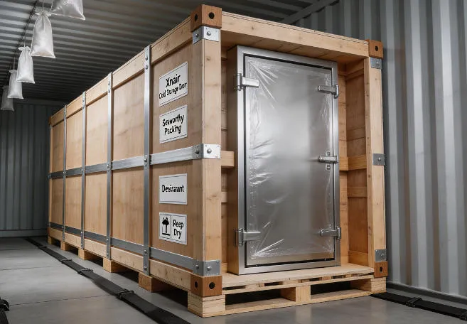 Xnair sliding cold storage doors reinforced packaging inside a shipping container – seaworthy plywood crate with desiccant and corner protectors for export
