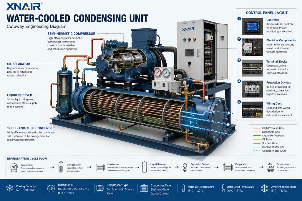 Cutaway engineering diagram of xnair condensing unit showing hermetic scroll compressor housing, copper-tube aluminum-fin condenser coil with anti-corrosion coating, axial fan assembly, and weatherproof electrical control panel