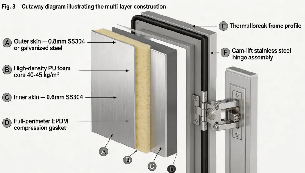 Cutaway engineering diagram of Xnair swing cold room door showing PU foam insulation core, stainless steel inner and outer skins, EPDM compression gasket, cam-lift hinge mechanism, and thermal break frame profile