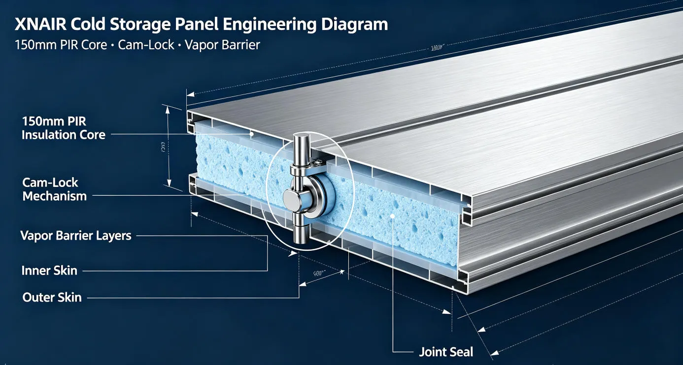 Cutaway engineering diagram of XNAIR plug-and-play cold storage panel construction showing 150mm PIR insulation core, cam-lock mechanism, and vapor barrier layers