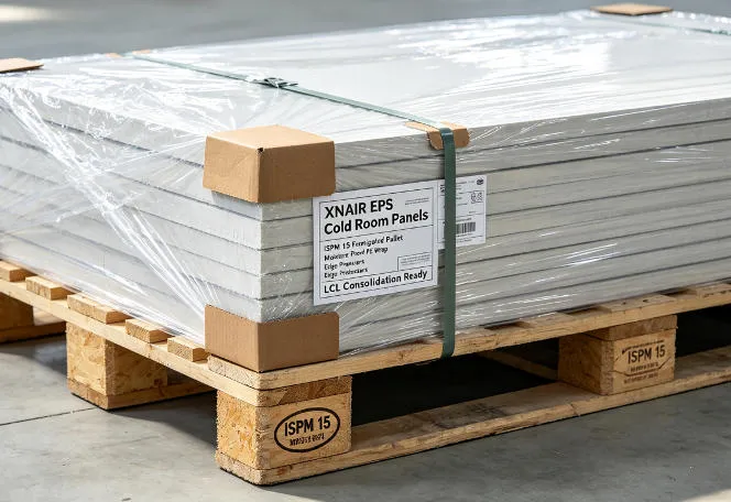 Close-up of XNAIR EPS panel pallet packaging showing reinforced cardboard edge protectors, moisture-proof PE film wrap, and fumigated ISPM 15 compliant plywood pallet base