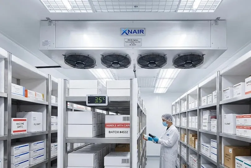 XNAIR evaporator fan installed inside a pharmaceutical cold storage facility maintaining 2-8 degrees Celsius for vaccine preservation