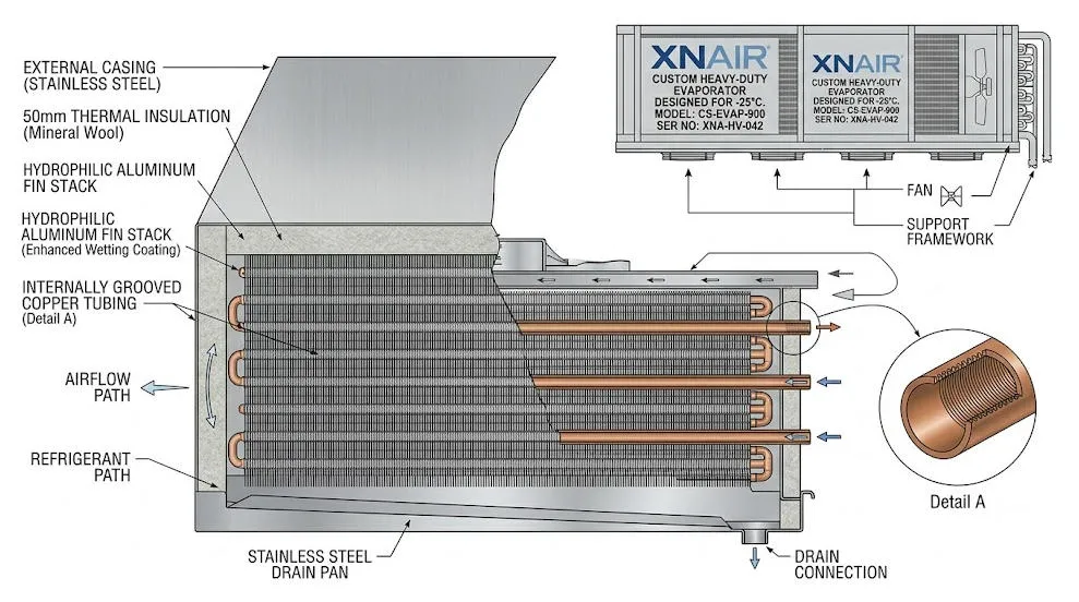 Engineering cutaway diagram of XNAIR custom evaporator — showing internally grooved copper tube cross-section, hydrophilic aluminum fin stack, 50mm thermal insulation layer, and stainless steel drain pan