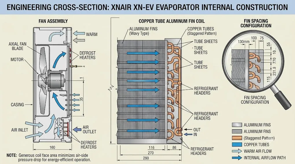 Cross-sectional engineering diagram of XNAIR evaporator fan showing copper tube aluminum fin coil construction fin spacing and internal airflow path