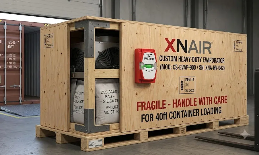 XNAIR evaporator packed in heavy-duty fumigated plywood crate with internal steel corner bracing and desiccant bags — ready for 40ft container loading, tilt watch indicator visible