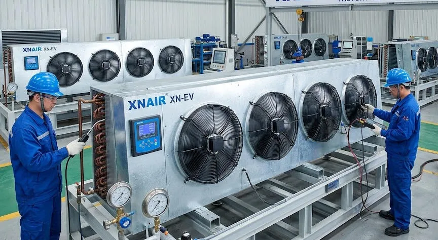 Factory quality control testing of XNAIR evaporator fans under full-load conditions with technicians inspecting coil integrity and fan balance