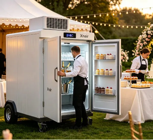 Xnair portable walk-in chiller temporarily set up at an outdoor wedding venue for banquet beverage and dessert cooling