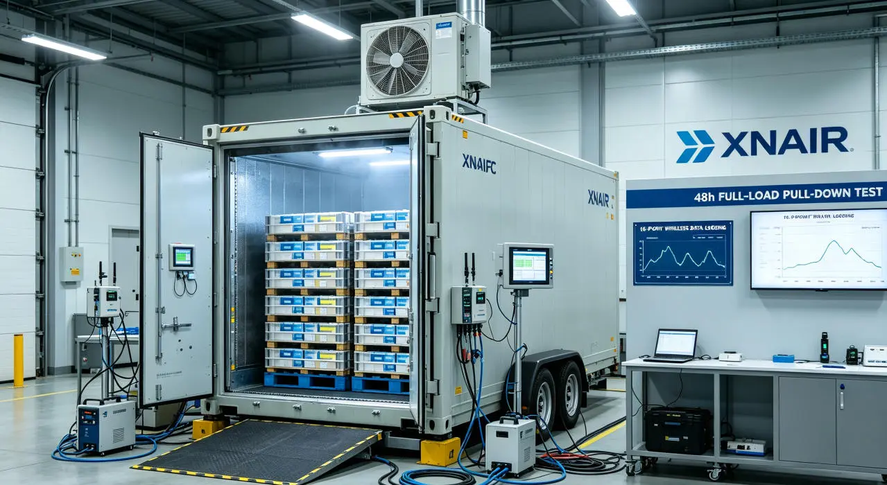 XNAIR factory quality control team conducting 100% full-load pull-down test on mobile cold storage unit before shipment with digital temperature data logging