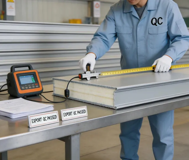 Quality control technician at xnair factory conducting dimensional inspection and thermal conductivity verification on XPS cold room panels prior to export packaging