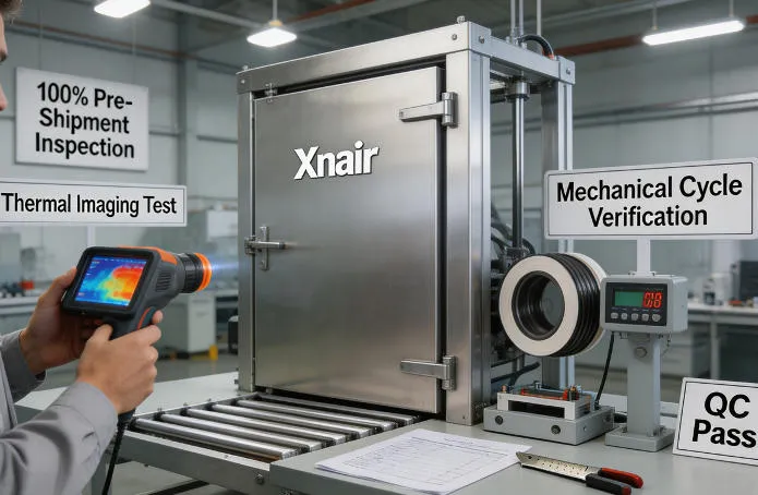 Factory quality control testing of Xnair sliding cold storage door – 100% pre-shipment inspection with thermal imaging and mechanical cycle verification
